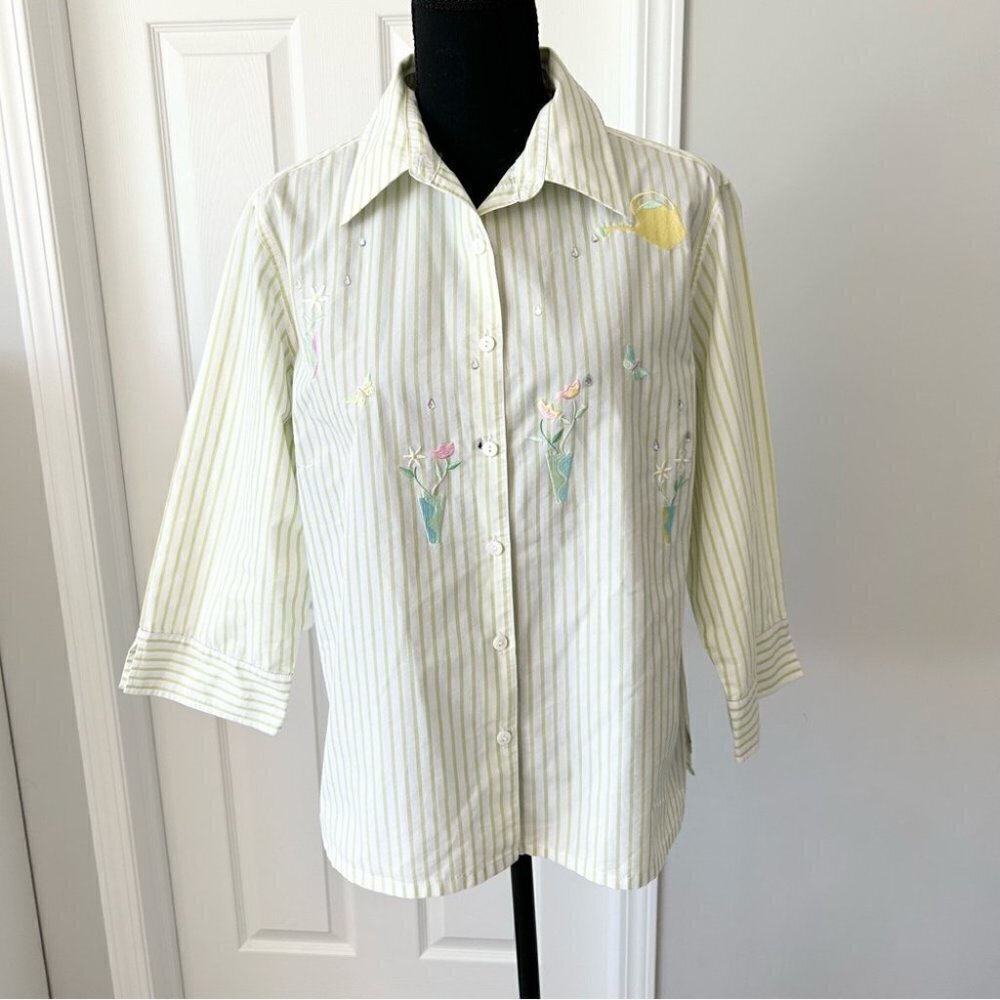 Vintage Tabi Pinstriped Cottagecore Floral Embroidered Sequins Button Down Shirt